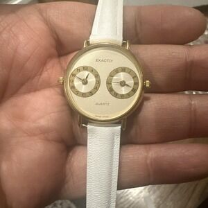 Working Exactly Swiss Made Dual Time‎ Shell 29mm Ladies Watch White Band Rare